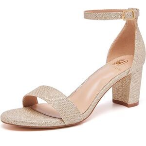 Women's Gold G Open Toe Ankle Strap Low Chunky Short Heels Wedding Pumps Shoes